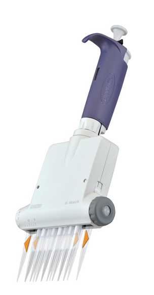 Adjustable spacing available on manual multichannel pipette 