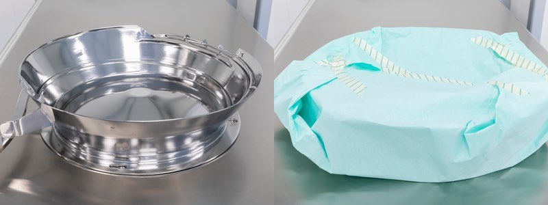 Autoclave topper before and after wrapping in medical paper