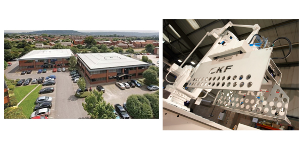 Left: Aerial view of CKF Systems' premises in Gloucester, Right: Robotics products