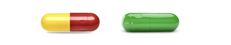 Figure 1: Gelatin (yellow/red) capsule and HPMC (green/green) capsule