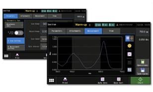 UV-1900 easy to use interface on colour touchscreen. Six measurement modes are directly accessible: photometric values measurements, spectrum acquisition, quantification measurements, kinetics studies, time course methods and bio methods