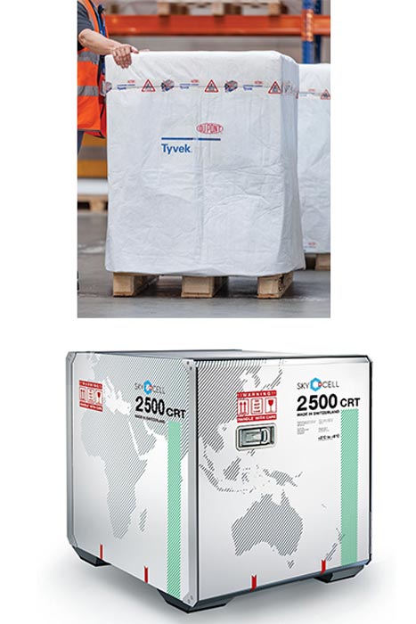 Top: DuPont Tyvek cargo covers. Below: Skycell tempeature controlled containers.