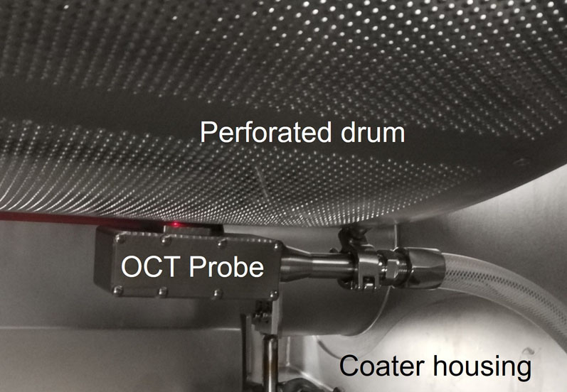 Figure 1: OCT probe taking a measurement through the holes of the coater drum (7)