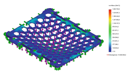 Figure 1: FEM simulation of a nest for vials in the ISO formats 2R and 4R. The colours represent the tensions caused by the weight of filled vials