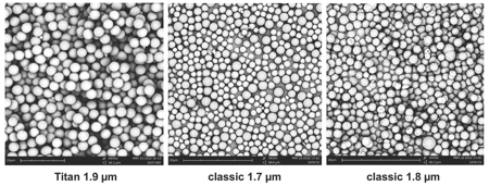 Figure 4: Scanning electron micrographs for three UHPLC porous particles