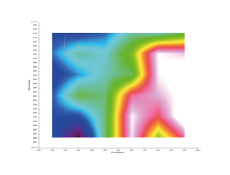 Figure 3: Chemical Image over 600 x 600µm. The different colours represent the different IR spectra obtained (see Figure 4), reflecting different materials 