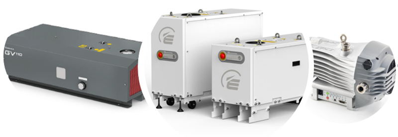 Edwards dry pumps used in freeze drying applications. Left: GV110 claw pump, middle: GXS screw pump and pump/booster combination, right: nXDS scroll pump.