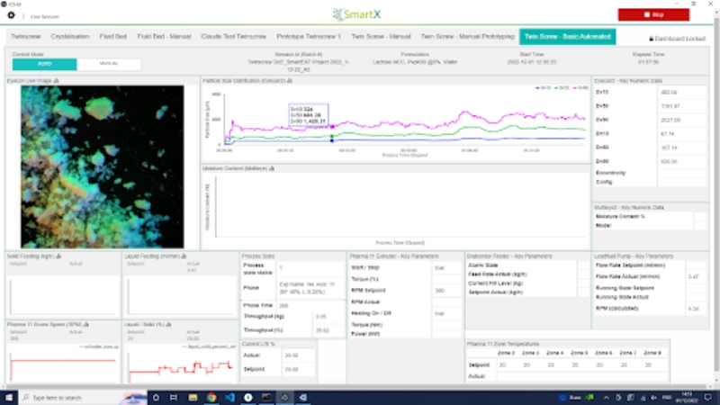 Figure 6: Presents an overview of the customised SmartX automated dashboard used during this experimentation displaying real-time CQA and key process data. Dashboard customisation is facilitated through a series of configurable drag and drop control features within the dashboard customisation interface