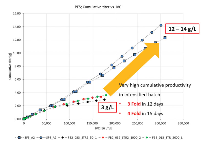 Figure 3: Titre produced from Cellca cell line cultured in fed batch and intensified batch conditions (SF = simulated perfusion in shake flasks; FB = fed batch at different stirred tank reactor scales)