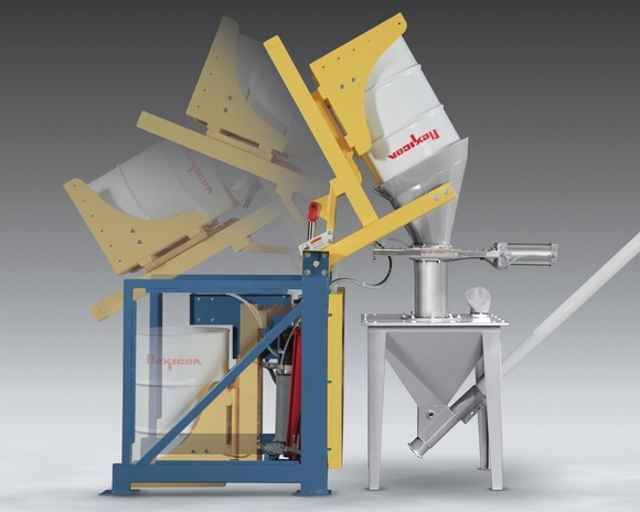 New drum dumper for dust-free transfer of materials