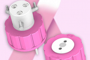 Pink Omnifit Labware bottle caps support cancer research
