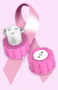 Pink Omnifit Labware bottle caps support cancer research