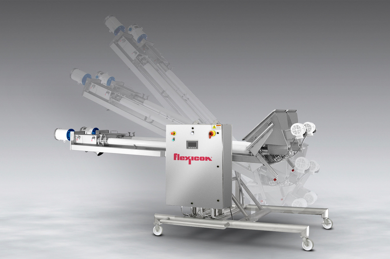 Twin tilt-down flexible screw conveyor on mobile base built to a 3-A standard
