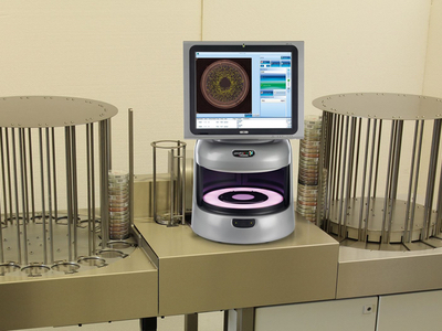 Walk-away system to count colonies on 300 plates per hour